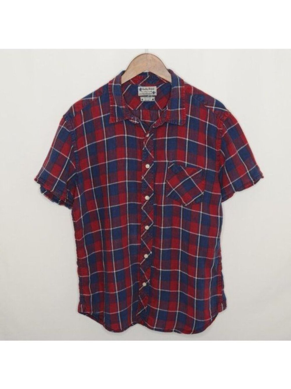 Lucky Brand Men's Large Red Blue Plaid Linen Lightweight Casual Button Up Shirt